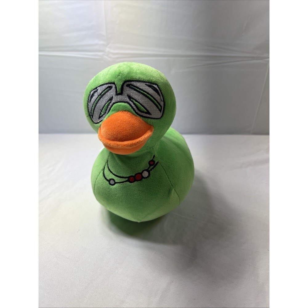 Green Plush Duck Embroidered Silver Sunglasses and Beaded Red White Necklace 8"